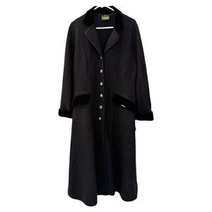 Vintage Geiger Long Wool Coat Military, Velvet Trim, Charcoal, Size M EU 40